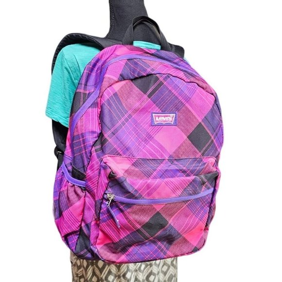 Levi's Pink Purple and Blackd Plaid Multiplex Backpack Tote Bag - Picture 4 of 10